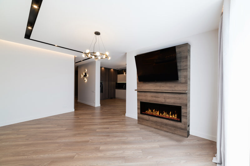 modern flames allwood fireplace wall system for modern flames spectrum slimline 60" electric fireplace installed against a white wall without the side pieces
