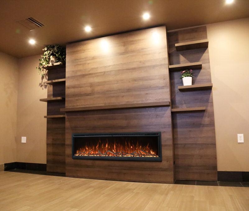 modern flames allwood fireplace wall system for modern flames spectrum slimline 60" electric fireplace installed in a dining room weathered walnut