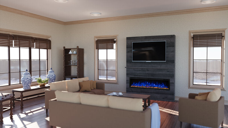 modern flames allwood fireplace wall system for modern flames spectrum slimline 60" electric fireplace installed in living room in driftwood grey finish