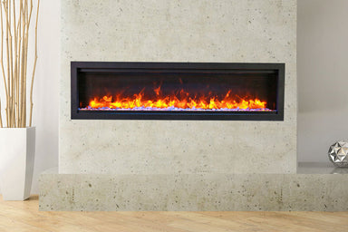 amantii symmetry bespoke 50 inch wall-mount/recessed electric fireplace installed in stone fireplace in modern living room