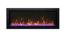 amantii built-in slim smart electric fireplace product photo with purple light on