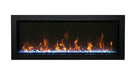 amantii built-in slim smart electric fireplace product photo with yellow flames and blue stones