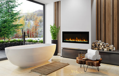 amantii panorama built-in xtra slim smart electric fireplace installed in bathroom