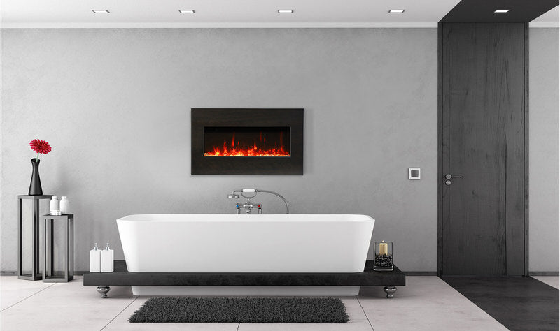 amantii panorama built-in xtra slim smart electric fireplace installed in modern bathroom