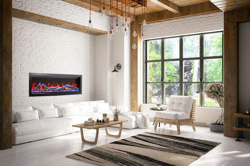 amantii symmetry bespoke 74-inch wall-mount/recessed electric fireplace installed in modern rustic living room