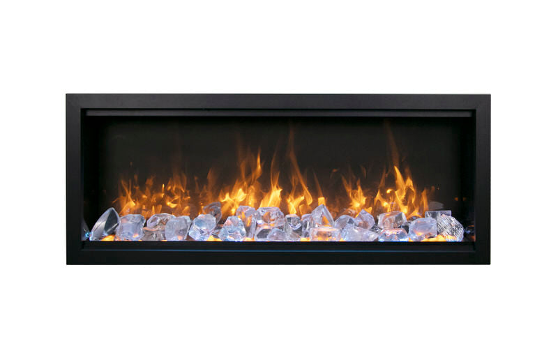 amantii symmetry bespoke 74-inch wall-mount/recessed electric fireplace ice media with yellow flame