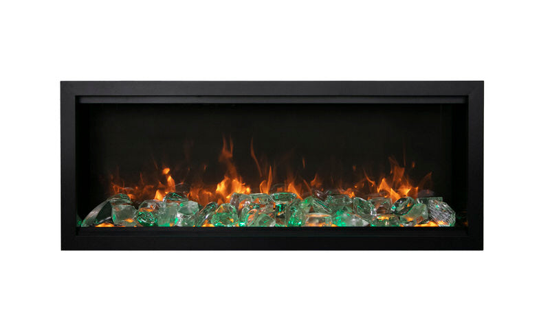 amantii symmetry bespoke 74-inch wall-mount/recessed electric fireplace green ice media and orange flame