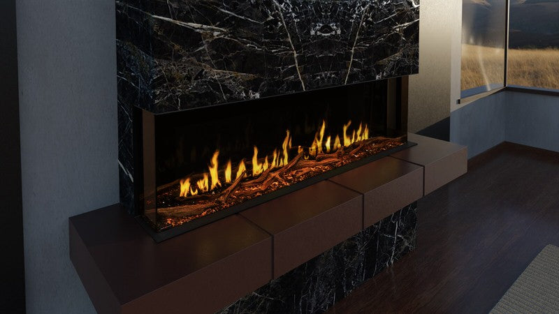 Modern flames orion multi built in or wall mounted smart electric fireplace with real flame effects installed in black stone fireplace with brown mantel 