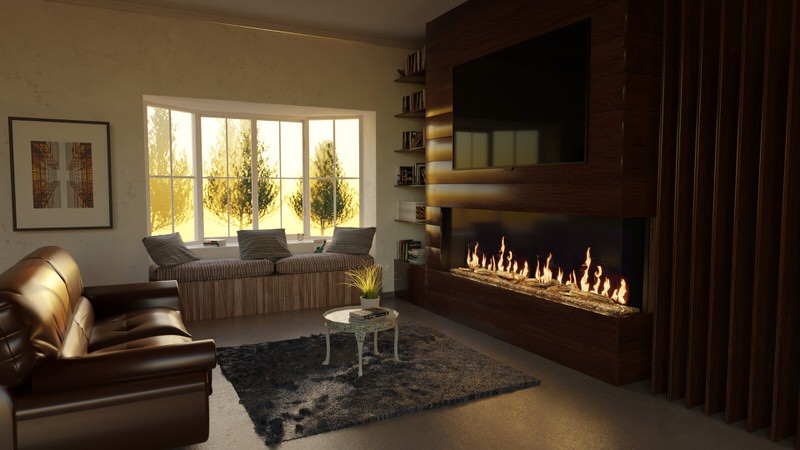Modern flames orion multi built in or wall mounted smart electric fireplace with real flame effects installed in a rustic living room