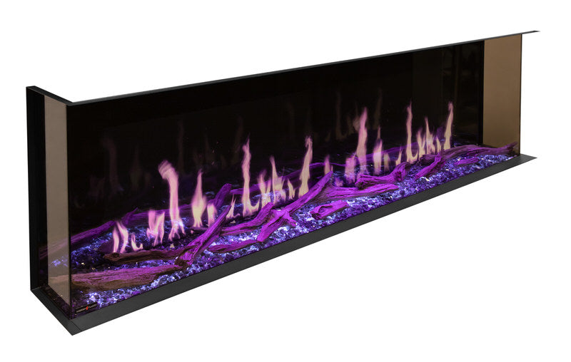 Modern flames orion multi built in or wall mounted smart electric fireplace with real flame effects angle view from the side purple flames