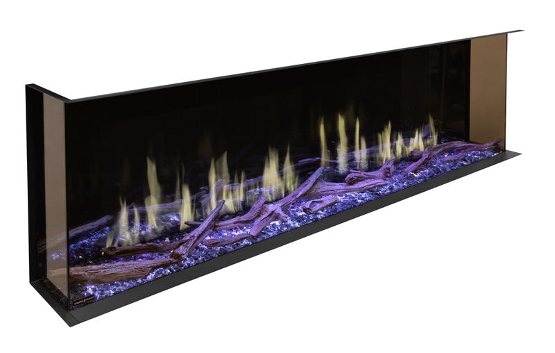 Modern flames orion multi built in or wall mounted smart electric fireplace with real flame effects angle view from the side white flames
