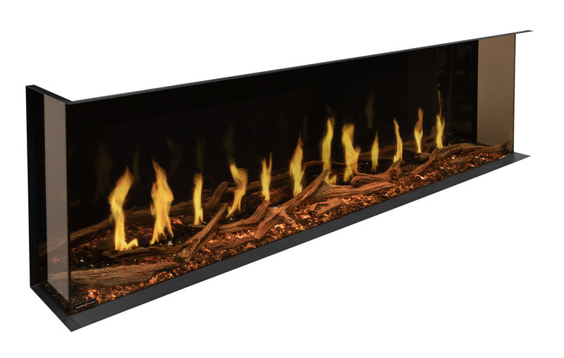 Modern flames orion multi built in or wall mounted smart electric fireplace with real flame effects angle view from the side gas flames