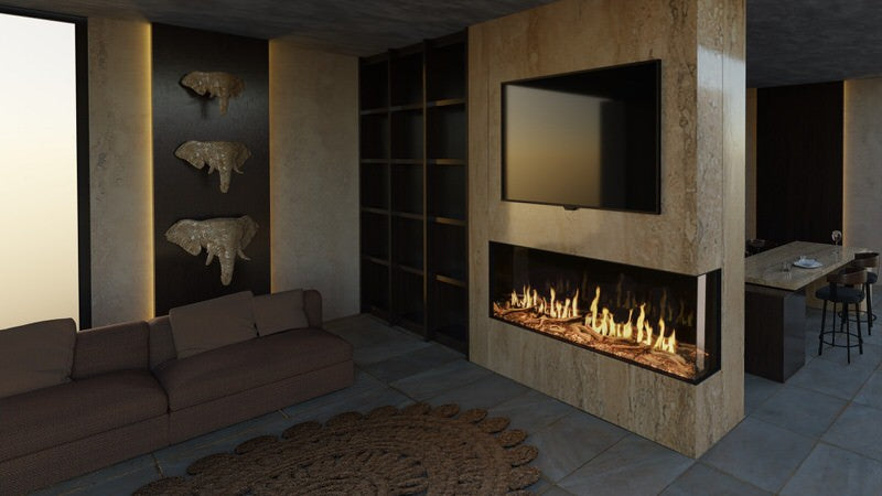 Modern flames orion multi built in or wall mounted smart electric fireplace with real flame effects installed in a seating area in a modern home