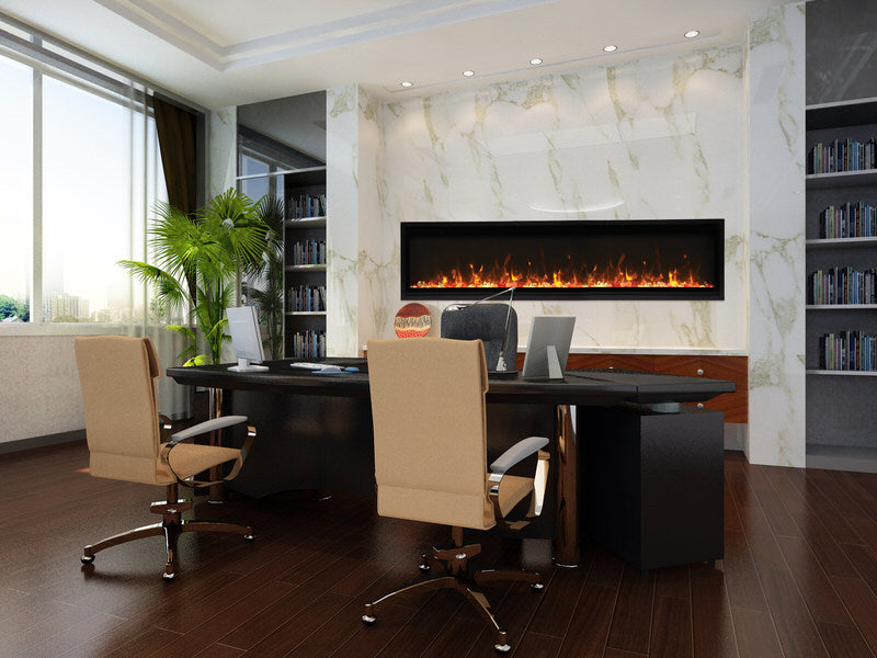 amantii built-in slim smart electric fireplace installed in a modern office