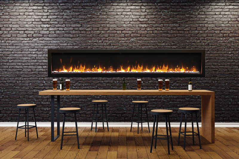 amantii built-in slim smart electric fireplace installed in a bar