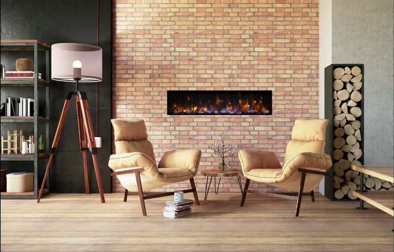 amantii panorama deep electric fireplace installed in brick fireplace