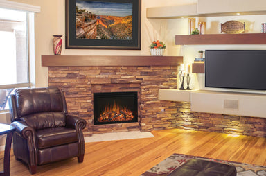 Modern flames redstone built-in electric fireplace installed in stone fireplace in living room