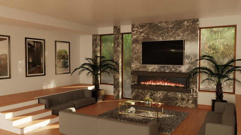 modern flames studio suites orion multi cabinet fireplace mantel installed in family room with palm trees