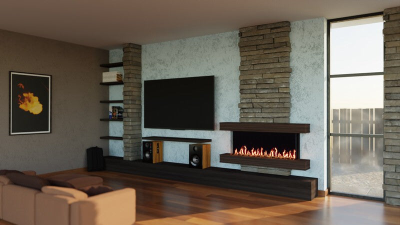 modern flames studio suites orion multi cabinet fireplace mantel installed in rustic living room next to tv