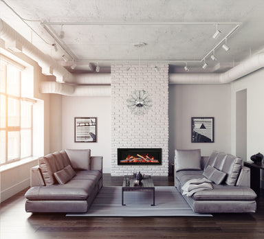 amantii symmetry series recessed/wall-mount smart electric fireplace installed in a modern living room 