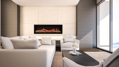 amantii symmetry series recessed/wall-mount smart electric fireplace installed in modern living room