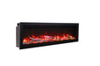 amantii symmetry series recessed/wall-mount smart electric fireplace with birch logs and red flames side view