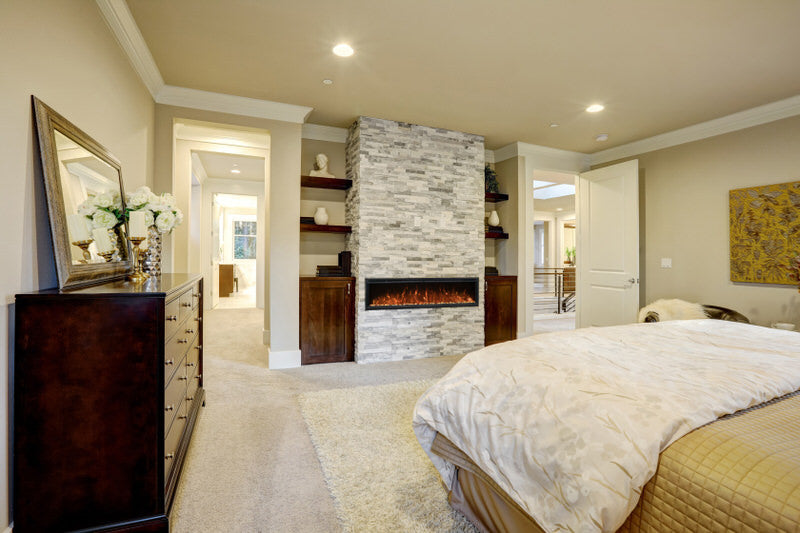 modern flames spectrum slimline built-in wall mounted electric fireplace installed in modern master bedroom