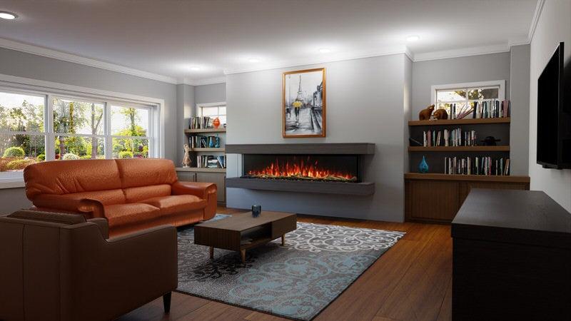 modern flames studio suites orion multi cabinet fireplace mantel installed in a modern living room