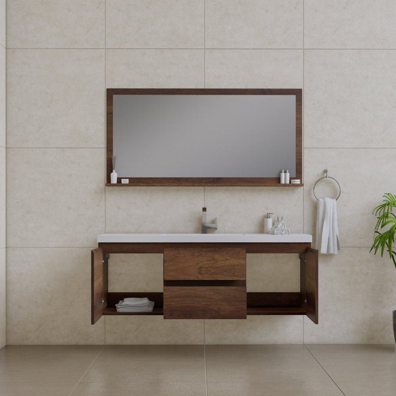Alya Bath Paterno 60-inch Single Wall Mounted Bathroom Vanity in Rosewood From Hugo Vanities