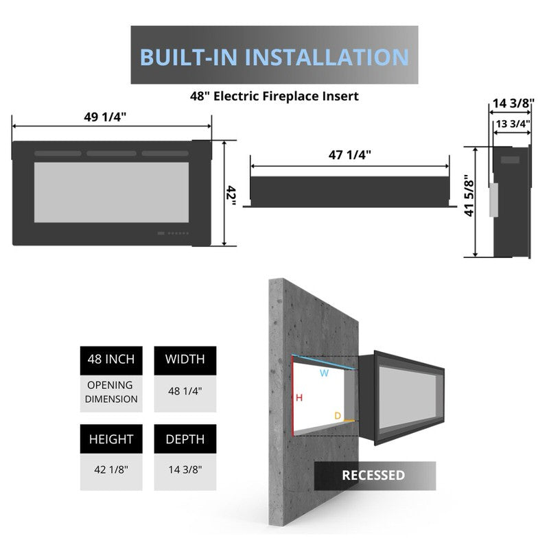 amantii traditional built-in electric fireplace insert 48-inch spec sheet