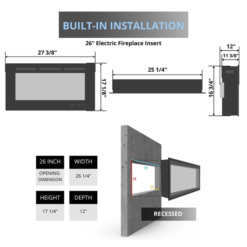 amantii traditional built-in electric fireplace insert 26-inch spec sheet