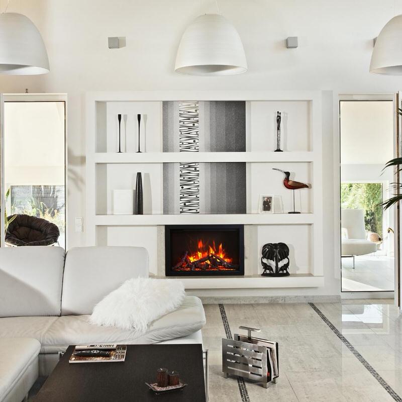 amantii traditional built-in electric fireplace insert installed in modern luxury living room 