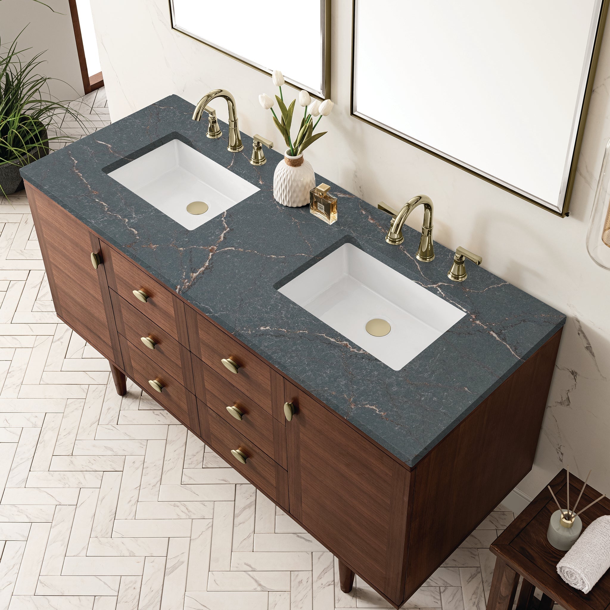 James Martin Vanities - Amberly 60" Double Vanity in Mid - Century Walnut - 670 - V36 - WLT - 3PBL - Home Luxury USA