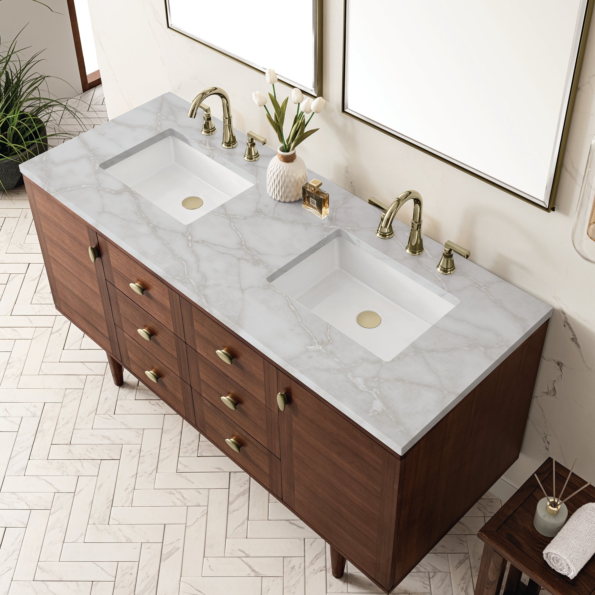 James Martin Vanities - Amberly 60" Double Vanity in Mid - Century Walnut - 670 - V36 - WLT - 3VSL - Home Luxury USA