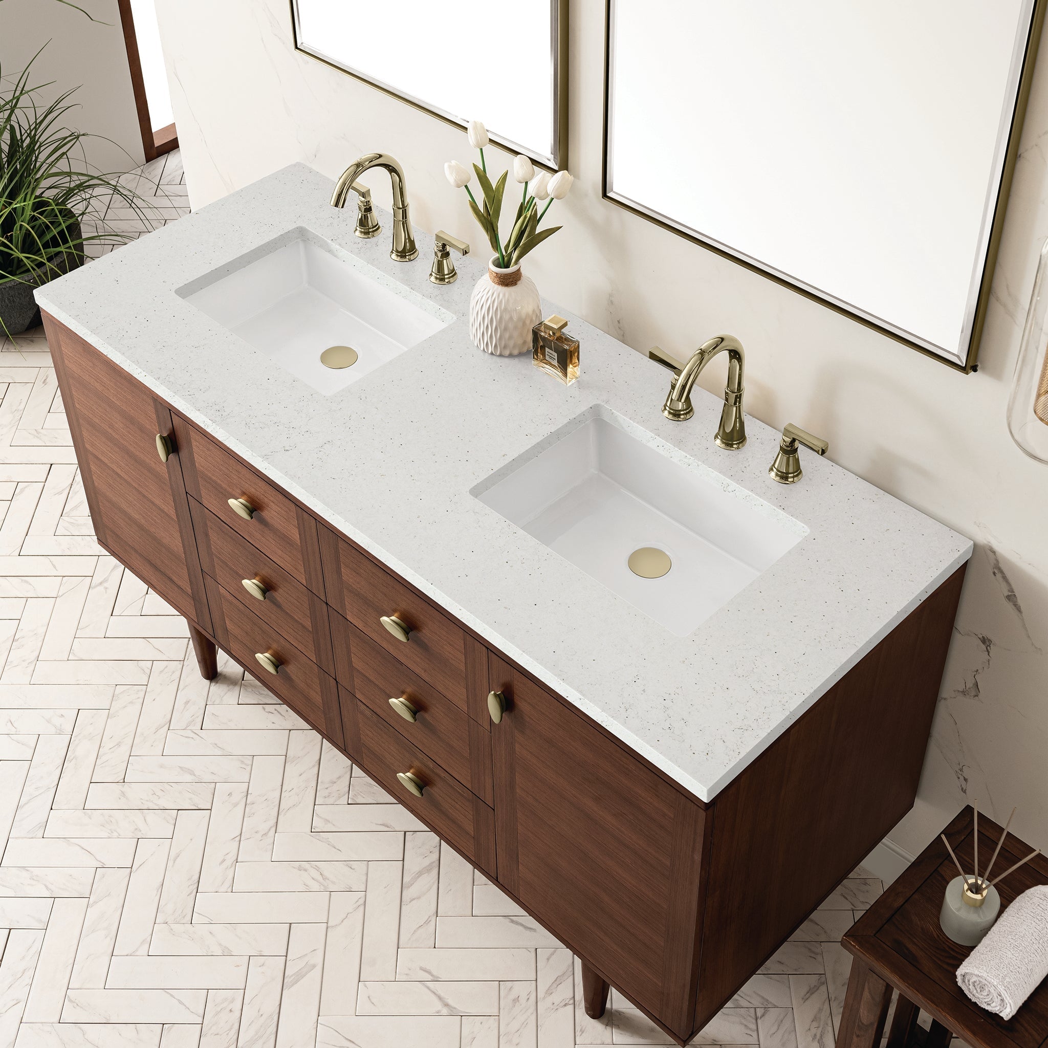 James Martin Vanities - Amberly 60" Double Vanity in Mid - Century Walnut - 670 - V60D - WLT - 3LDL - Home Luxury USA