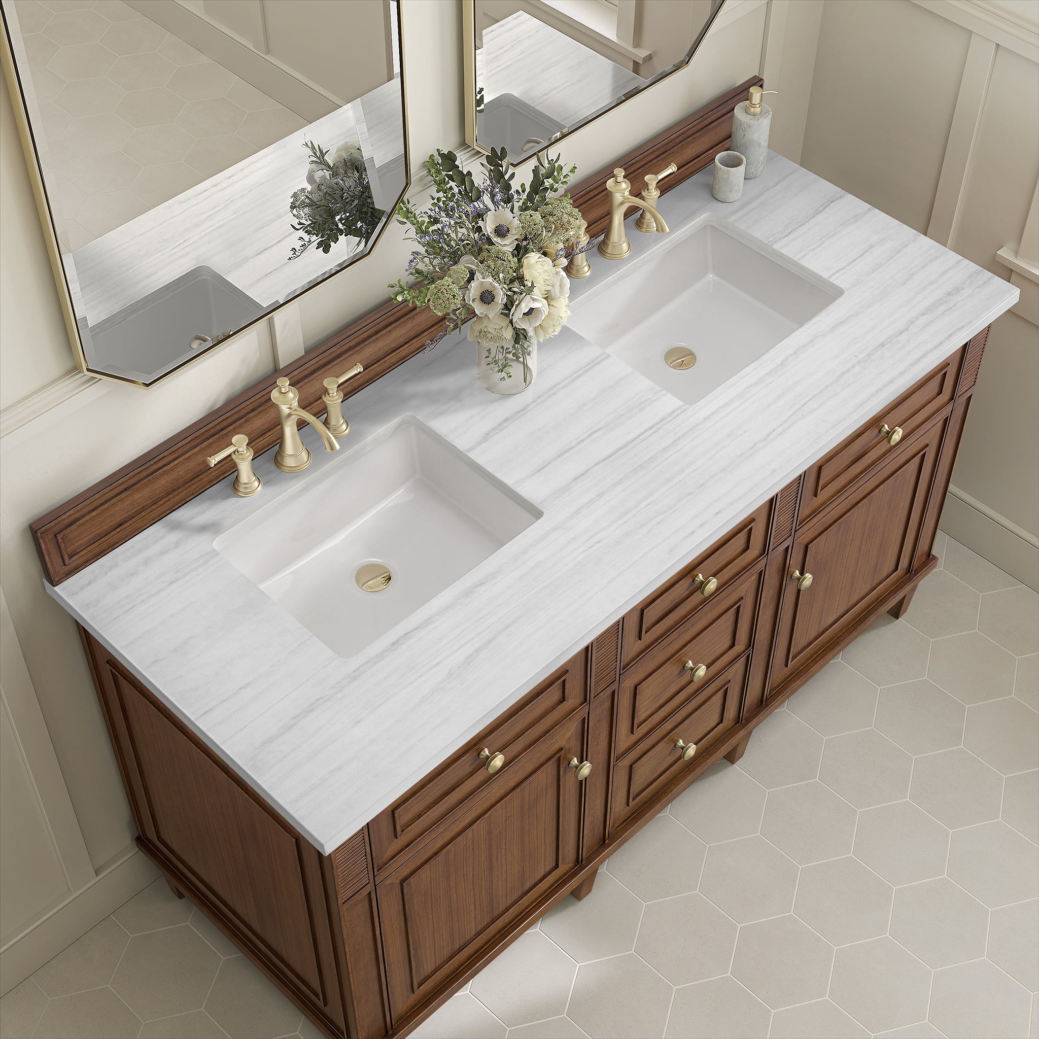 Lorelai 60" Double Vanity in Mid-Century Walnut by James Martin Vanities - SKU 424-V60D-WLT-3AF | Home Luxury USA