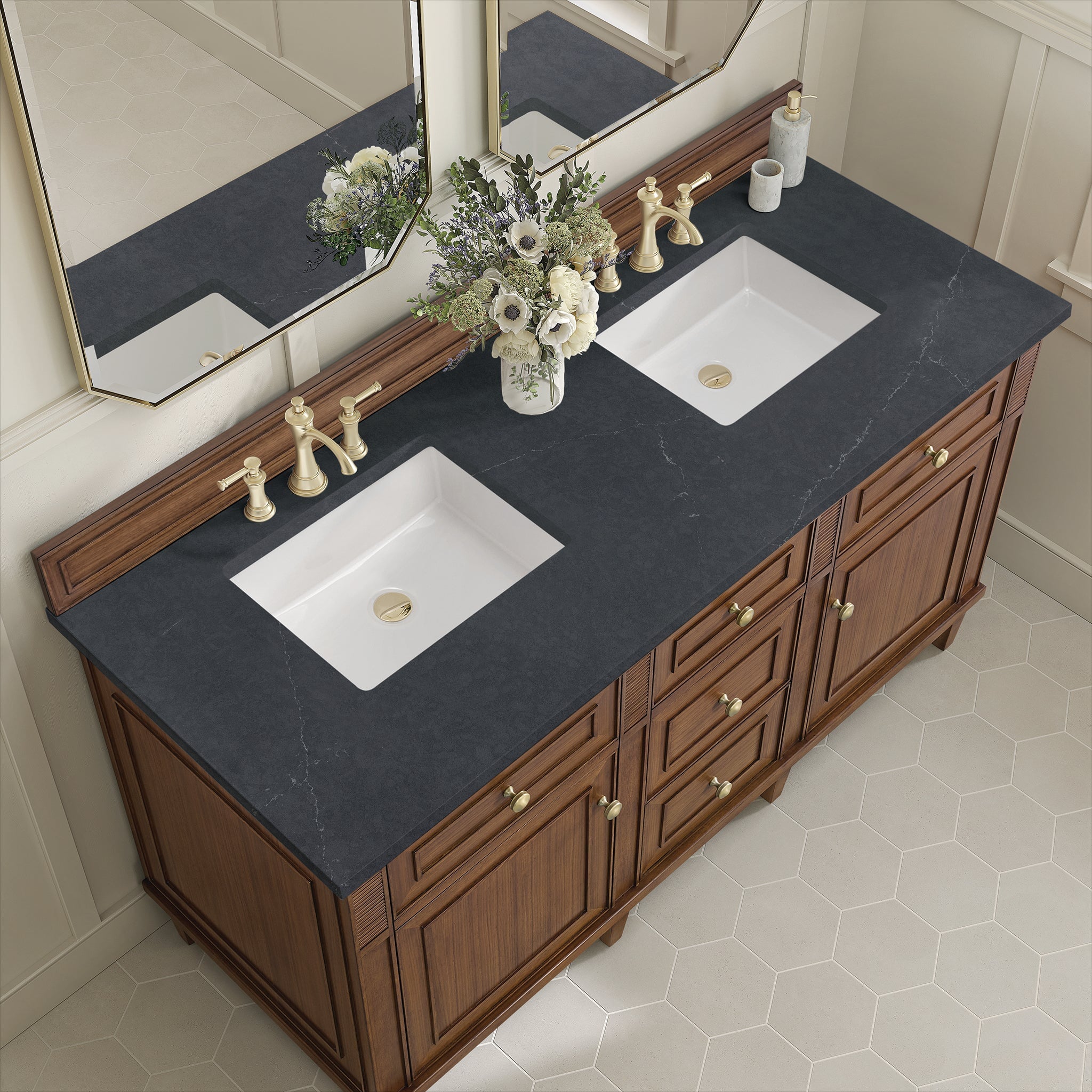 Lorelai 60" Double Vanity in Mid-Century Walnut by James Martin Vanities - SKU 424-V60D-WLT-3CSP | Home Luxury USA