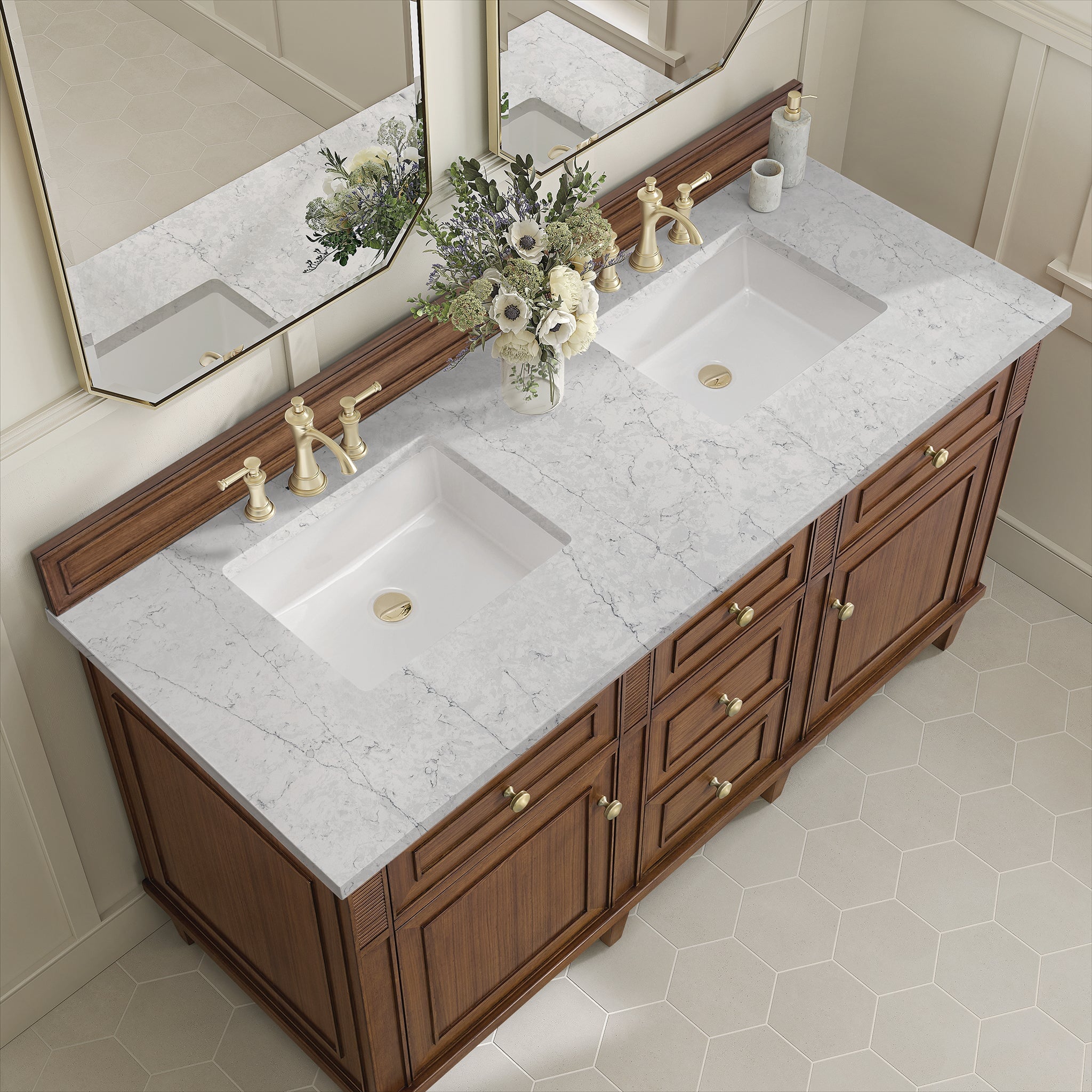 Lorelai 60" Double Vanity in Mid-Century Walnut by James Martin Vanities - SKU 424-V60D-WLT-3EJP | Home Luxury USA