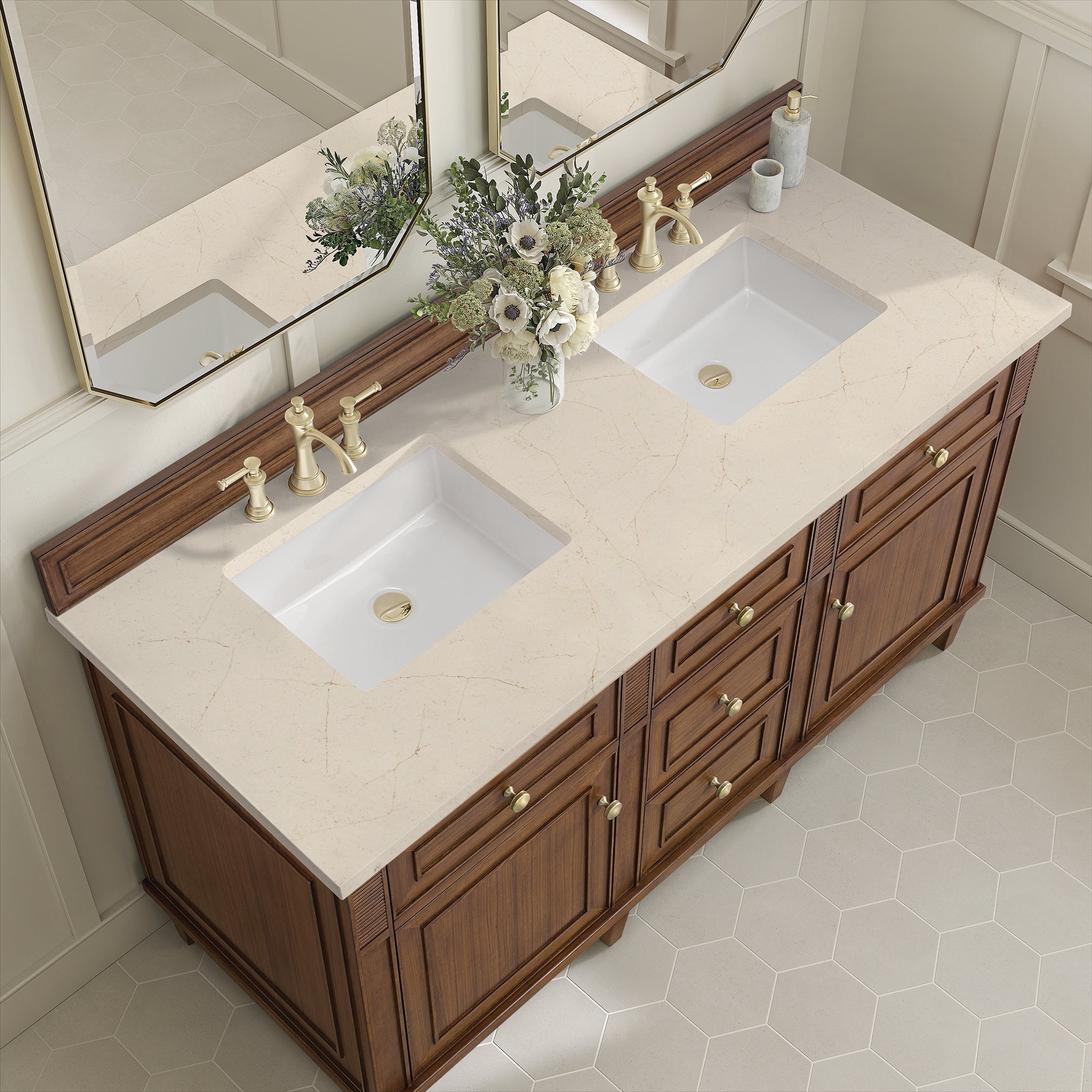 Lorelai 60" Double Vanity in Mid-Century Walnut by James Martin Vanities - SKU 424-V60D-WLT-3EMR | Home Luxury USA