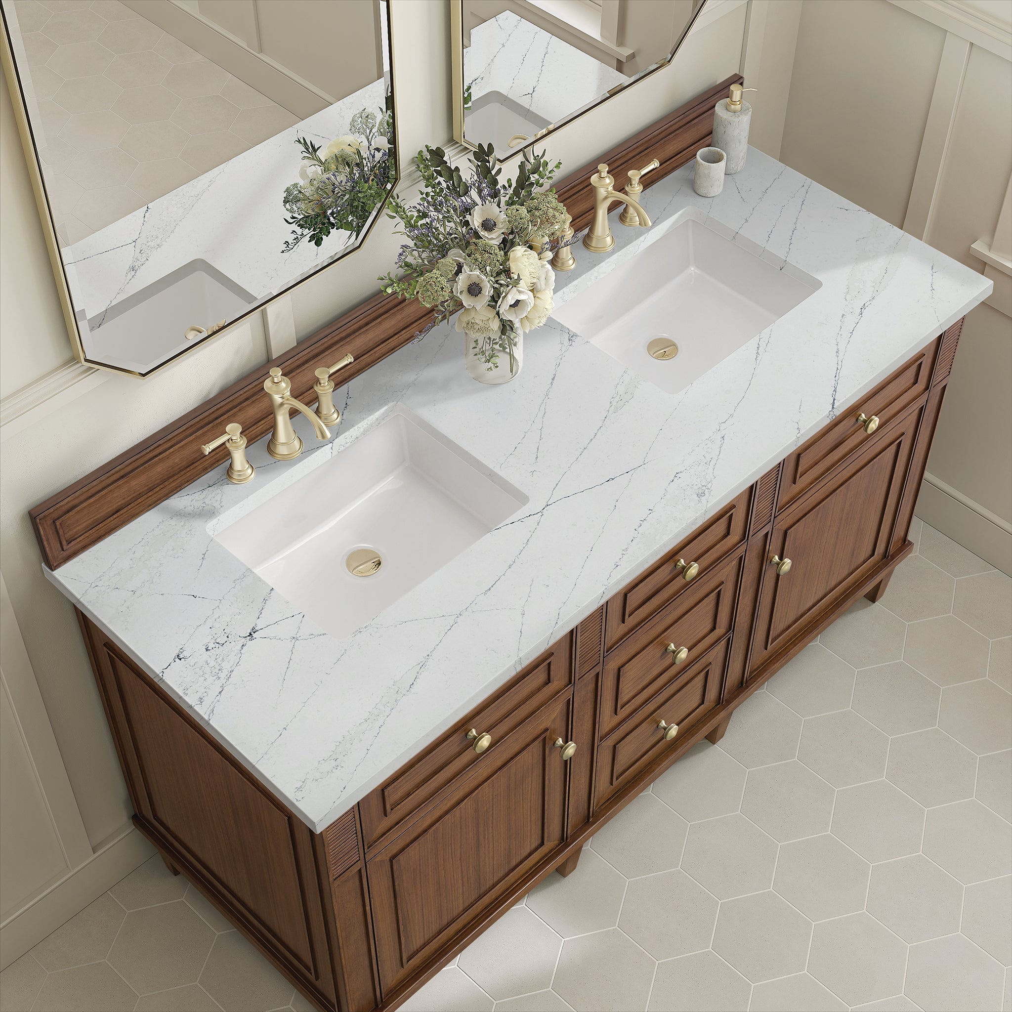 Lorelai 60" Double Vanity in Mid-Century Walnut by James Martin Vanities - SKU 424-V60D-WLT-3ENC | Home Luxury USA