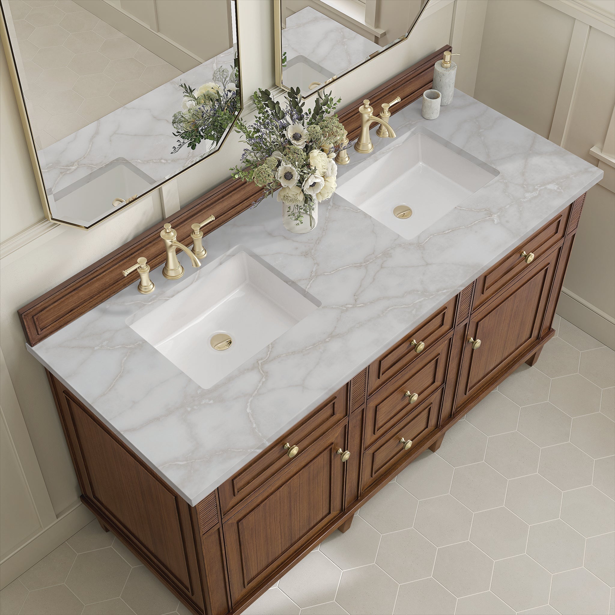 Lorelai 60" Double Vanity in Mid-Century Walnut by James Martin Vanities - SKU 424-V60D-WLT-3VSL | Home Luxury USA