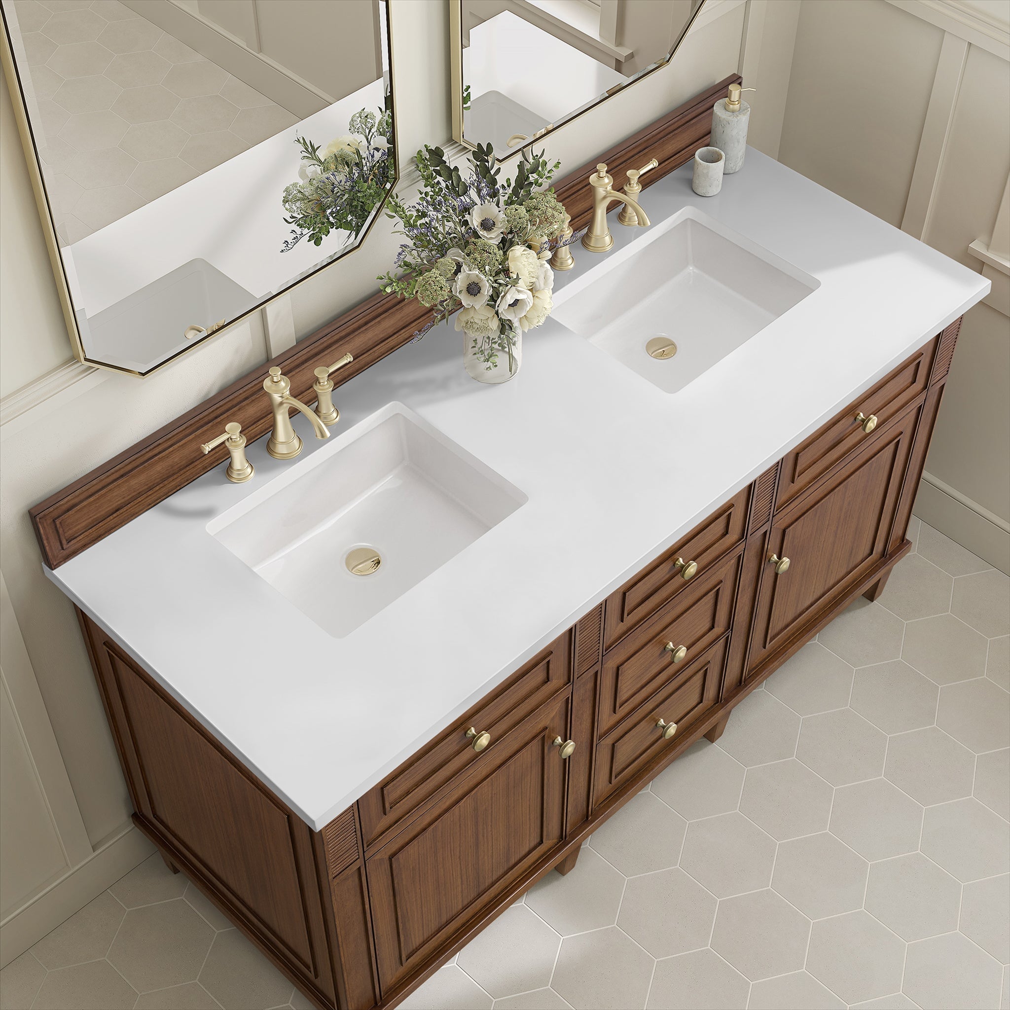 Lorelai 60" Double Vanity in Mid-Century Walnut by James Martin Vanities - SKU 424-V60D-WLT-3WZ | Home Luxury USA