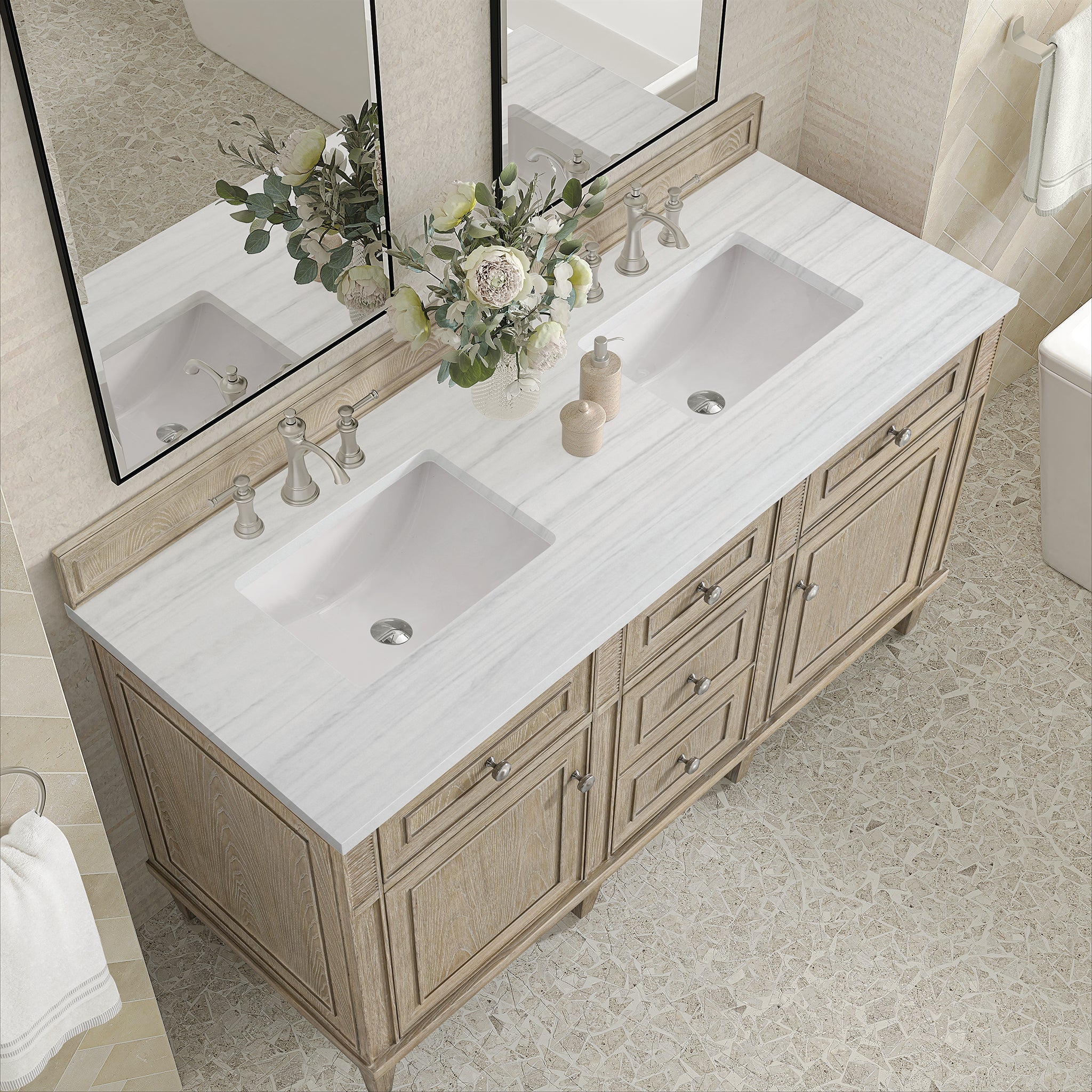 James Martin Vanities - Lorelai 60" Double Vanity in Whitewashed Oak - 424 - V60D - WWO - 3AF - Home Luxury USA