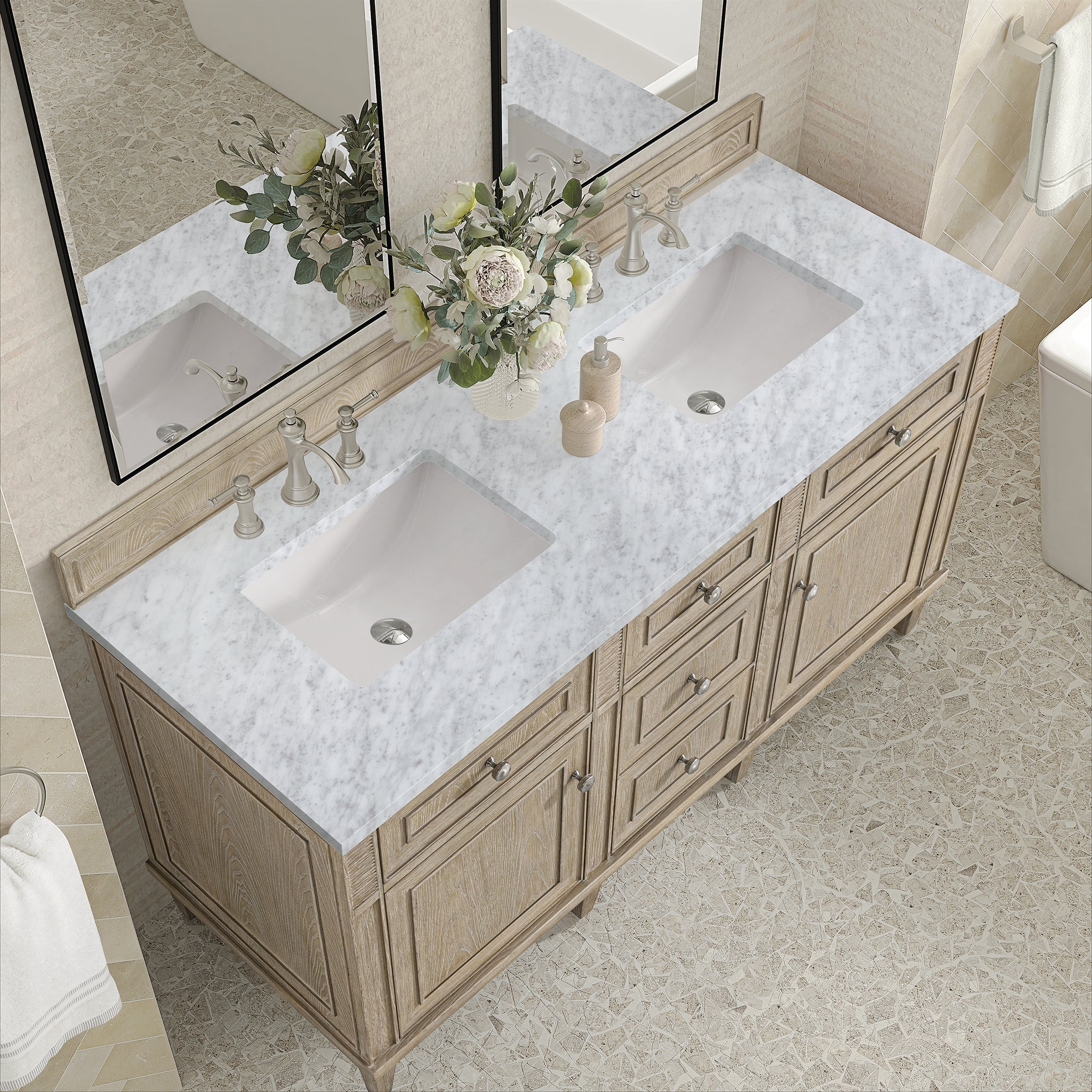 James Martin Vanities - Lorelai 60" Double Vanity in Whitewashed Oak - 424 - V60D - WWO - 3CAR - Home Luxury USA