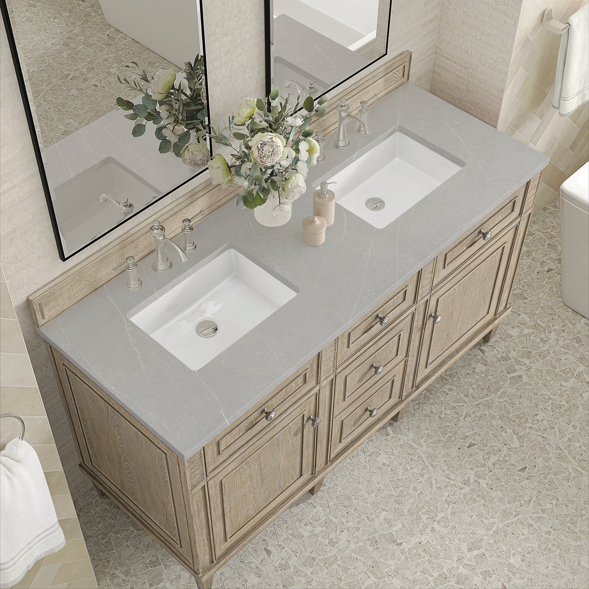 James Martin Vanities - Lorelai 60" Double Vanity in Whitewashed Oak - 424 - V60D - WWO - 3ESR - Home Luxury USA