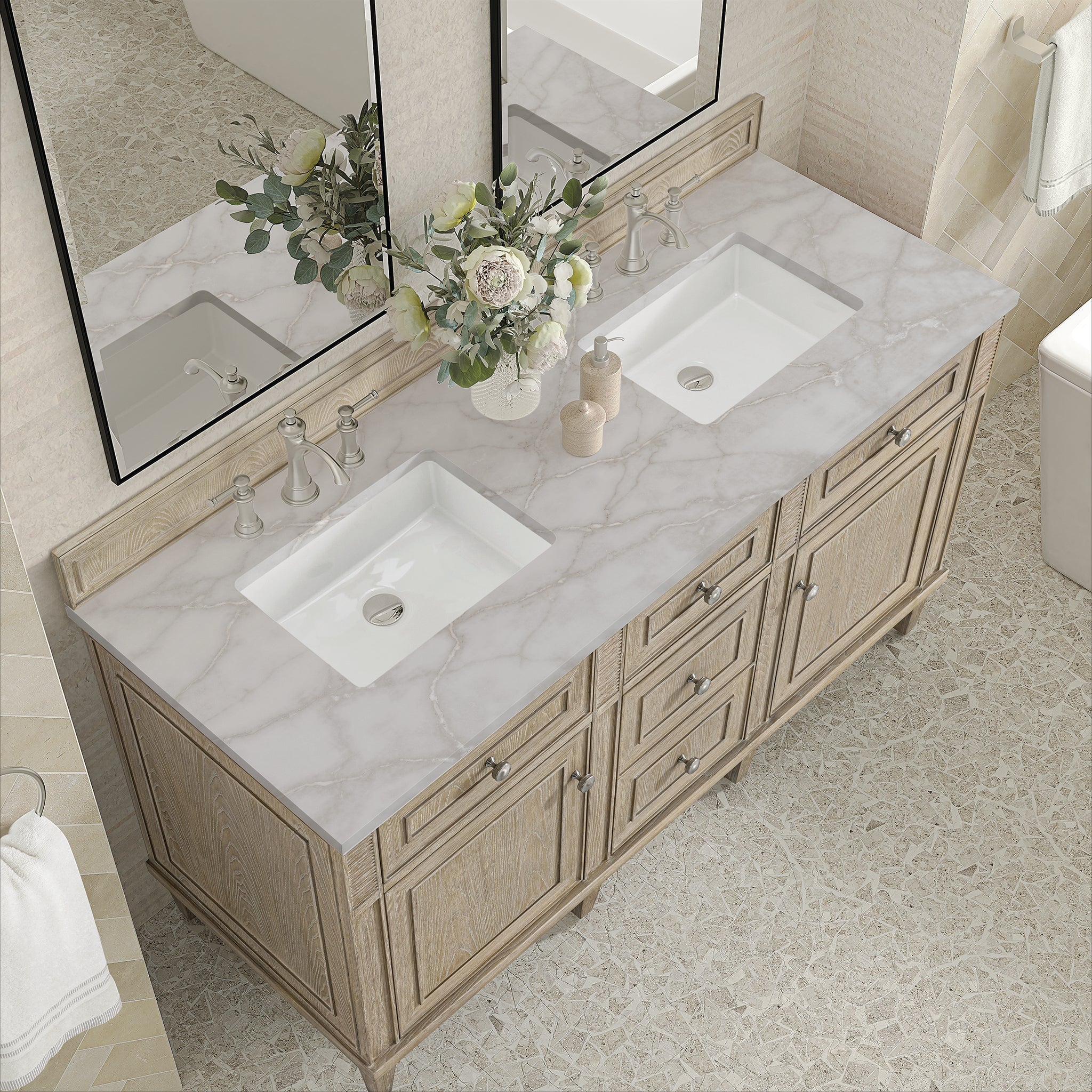 James Martin Vanities - Lorelai 60" Double Vanity in Whitewashed Oak - 424 - V60D - WWO - 3VSL - Home Luxury USA