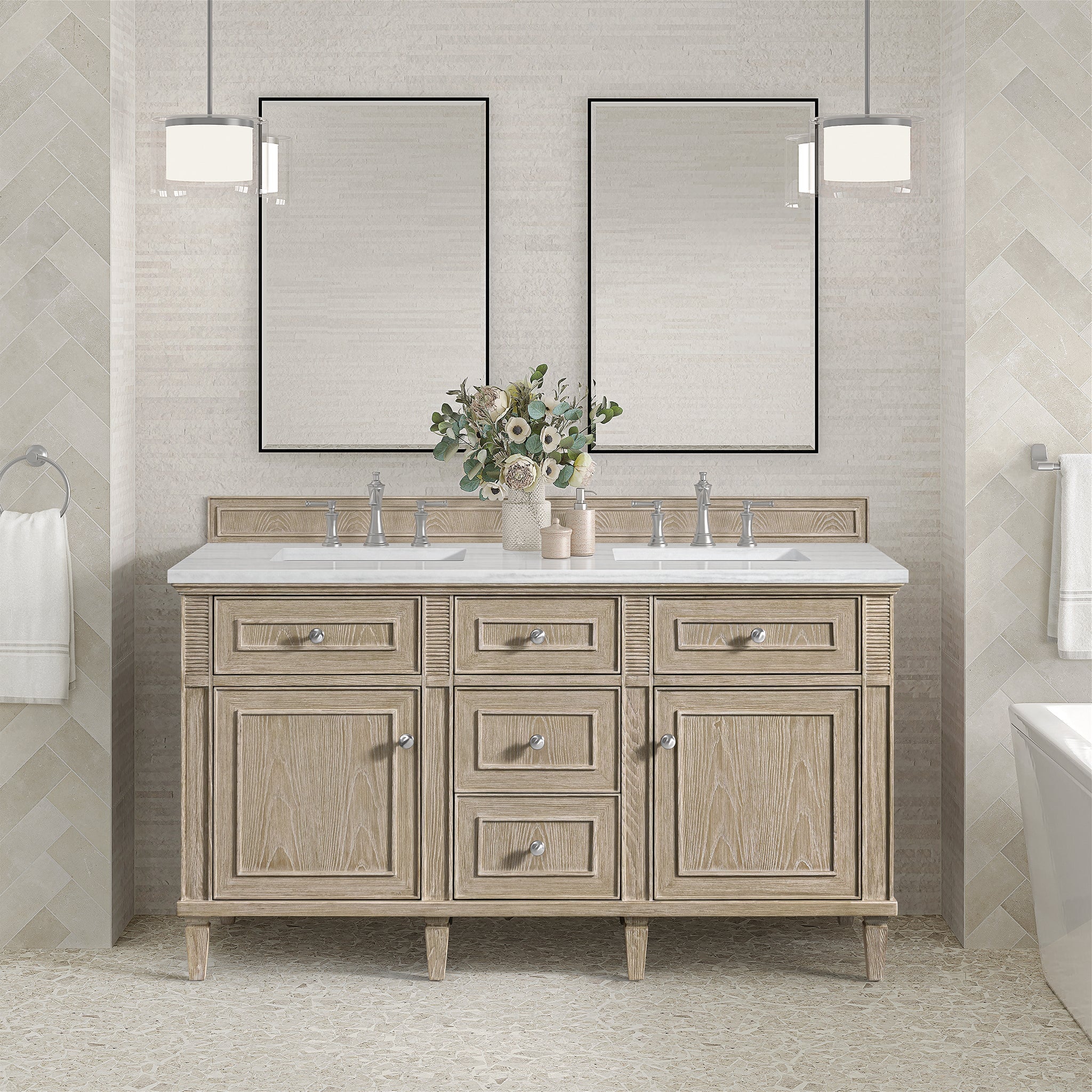 James Martin Vanities - Lorelai 60" Double Vanity in Whitewashed Oak - 424 - V60D - WWO - Home Luxury USA