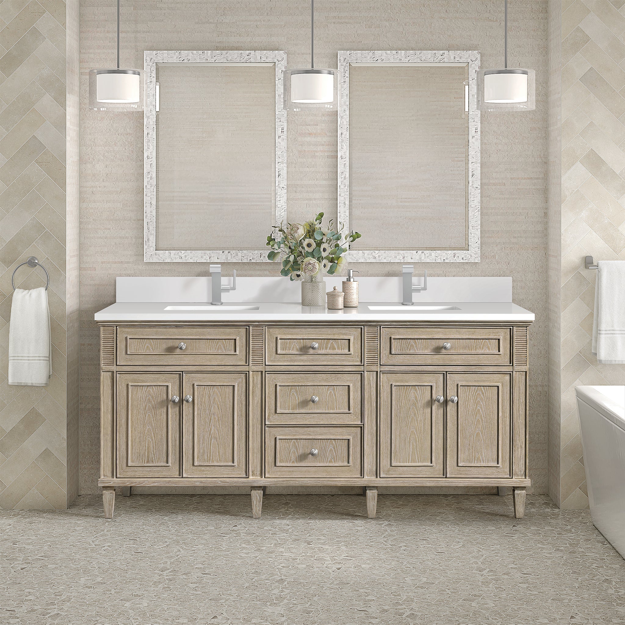 James Martin Vanities - Lorelai 72" Double Vanity in Whitewashed Oak - 424 - V72D - WWO - 1WZ - Home Luxury USA