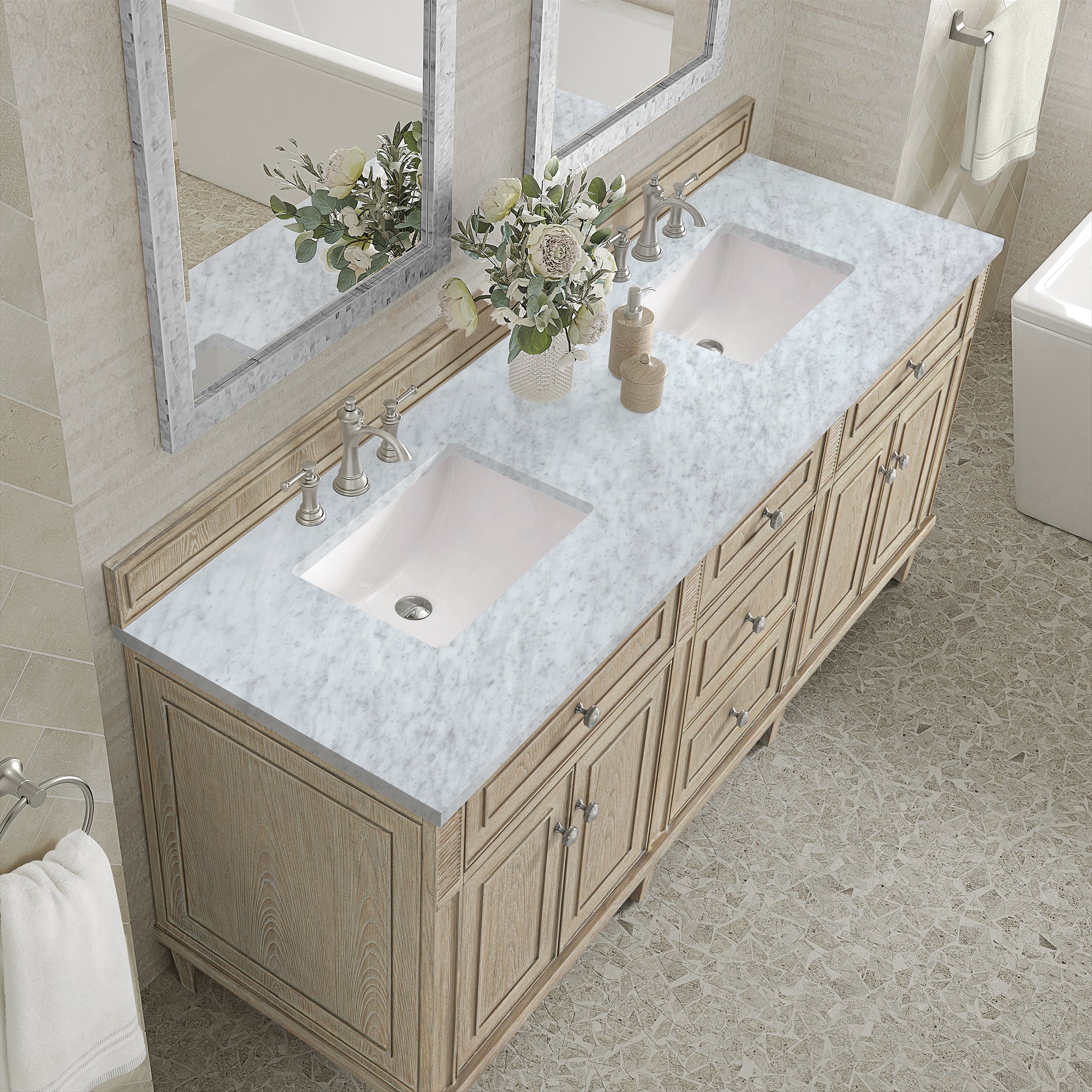 James Martin Vanities - Lorelai 72" Double Vanity in Whitewashed Oak - 424 - V72D - WWO - 3CAR - Home Luxury USA