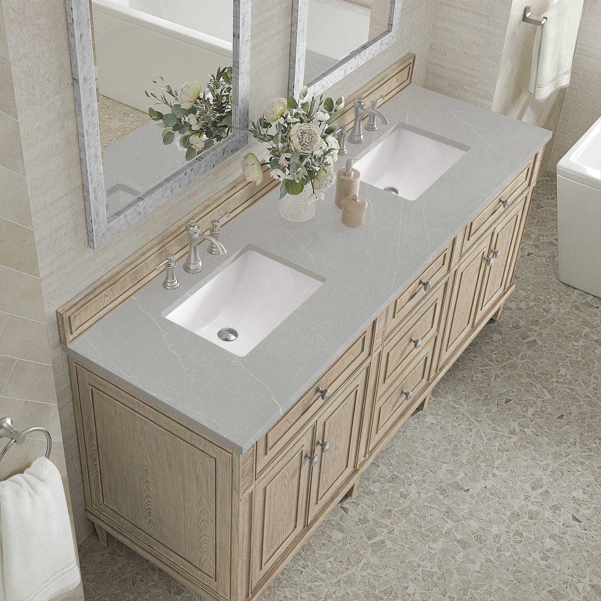 James Martin Vanities - Lorelai 72" Double Vanity in Whitewashed Oak - 424 - V72D - WWO - 3ESR - Home Luxury USA